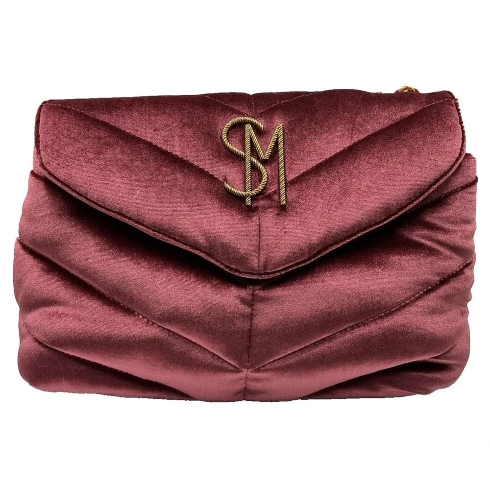 Steve Madden Coleman Velvet Rust Quilted Shoulder Bag Burgundy Chain